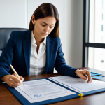 A professional female entrepreneur in a modest business suit, sitting at a large, modern desk in a well-lit, contemporary law office. She is thoughtfully reviewing legal documents and digital blueprints, surrounded by subtle visual cues representing intellectual property: a framed patent certificate, a discreet logo design sketch, and a legal book with a copyright symbol. The atmosphere is serious yet hopeful. fully clothed, appropriate attire, safe for work, perfect anatomy, correct proportions, natural pose, professional dress, natural body proportions, well-formed hands, proper finger count, family-friendly, high-quality, ultra-realistic, cinematic lighting.