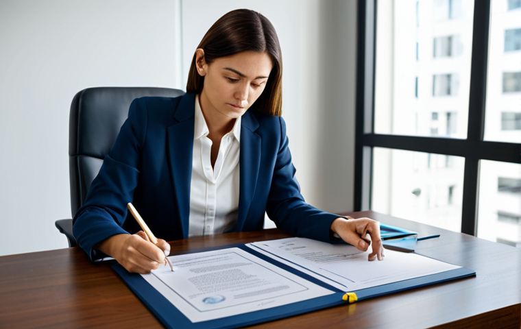 A professional female entrepreneur in a modest business suit, sitting at a large, modern desk in a well-lit, contemporary law office. She is thoughtfully reviewing legal documents and digital blueprints, surrounded by subtle visual cues representing intellectual property: a framed patent certificate, a discreet logo design sketch, and a legal book with a copyright symbol. The atmosphere is serious yet hopeful. fully clothed, appropriate attire, safe for work, perfect anatomy, correct proportions, natural pose, professional dress, natural body proportions, well-formed hands, proper finger count, family-friendly, high-quality, ultra-realistic, cinematic lighting.