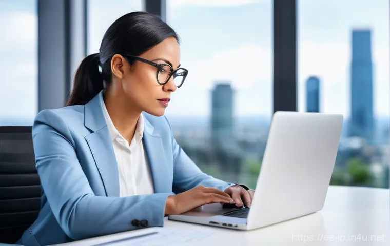 지적재산권 실무자들의 연봉 협상 경험 - A focused intellectual property professional, a woman in her late 30s, is diligently researching mar...