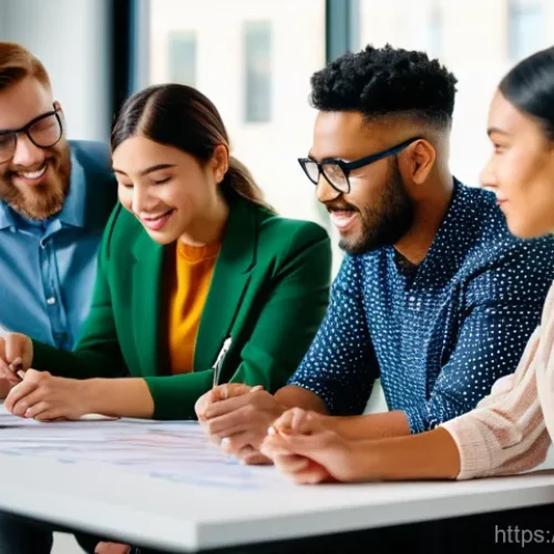 지적재산권 강사로서의 커리어 패스 - "A vibrant and energetic scene featuring a diverse group of five young adult professionals, includin...