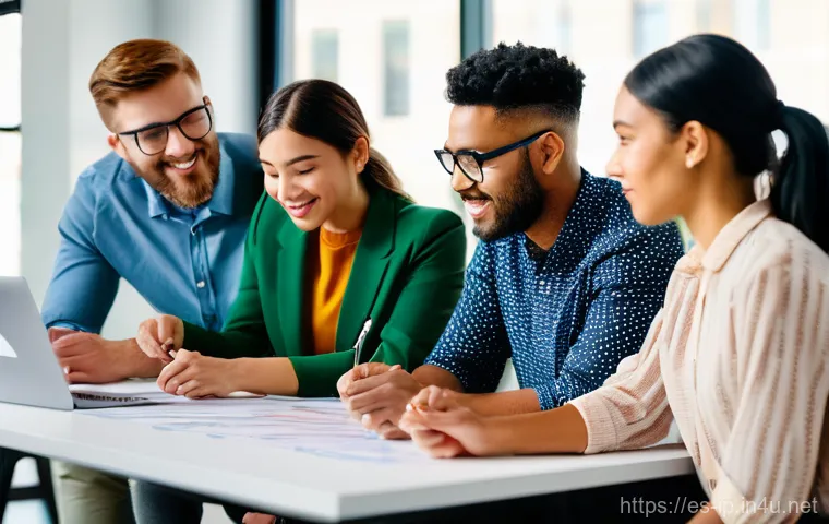 지적재산권 강사로서의 커리어 패스 - "A vibrant and energetic scene featuring a diverse group of five young adult professionals, includin...