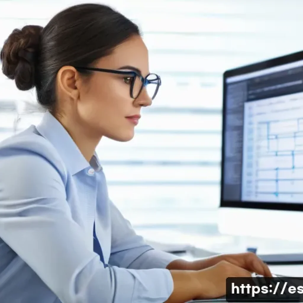 지적재산권 취업 준비 체크리스트 - A modern office scene in Spain featuring a young professional woman analyzing intellectual property ...