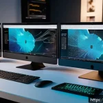 지적재산권과 창작자의 권리 보호 - A modern digital artist's workspace showing multiple screens with watermarking software and blockcha...