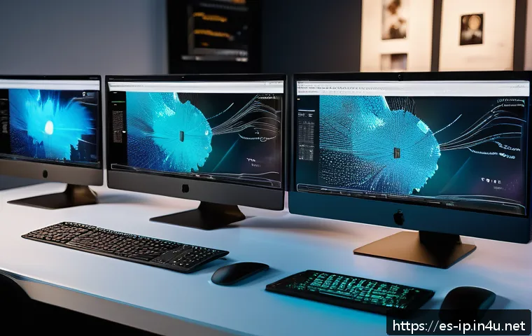 지적재산권과 창작자의 권리 보호 - A modern digital artist's workspace showing multiple screens with watermarking software and blockcha...