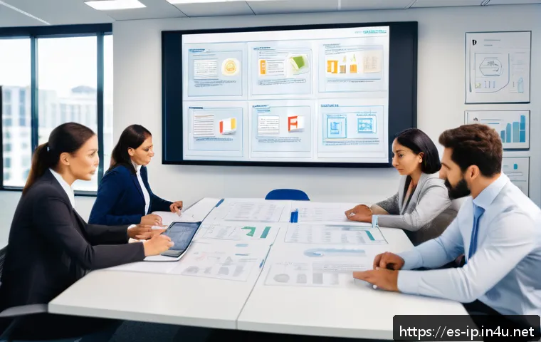 지적재산권 업무에서의 효율적인 문서 작성 팁 - A professional office scene focused on intellectual property document drafting: a diverse group of S...