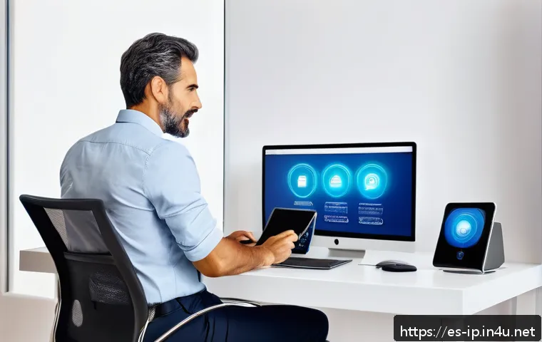 지적재산권과 데이터 보호 사례 - A modern Spanish home office scene showing a middle-aged man securing his home Wi-Fi network. The im...