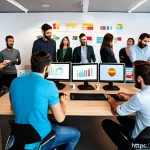 지적재산권 관련 정부 지원 제도 - A modern digital workspace scene showing a diverse group of Spanish entrepreneurs and small business...