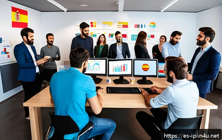 지적재산권 관련 정부 지원 제도 - A modern digital workspace scene showing a diverse group of Spanish entrepreneurs and small business...