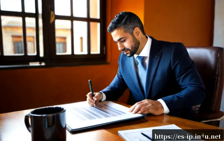 지적재산권 분야에서의 경력 설계 방법 - Photorealistic career planning scene in a modern Madrid legal office, a Hispanic intellectual proper...