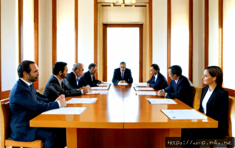 지적재산권과 글로벌 협상 사례 - Photorealistic global intellectual property negotiation in a sunlit Madrid conference room, Spanish ...